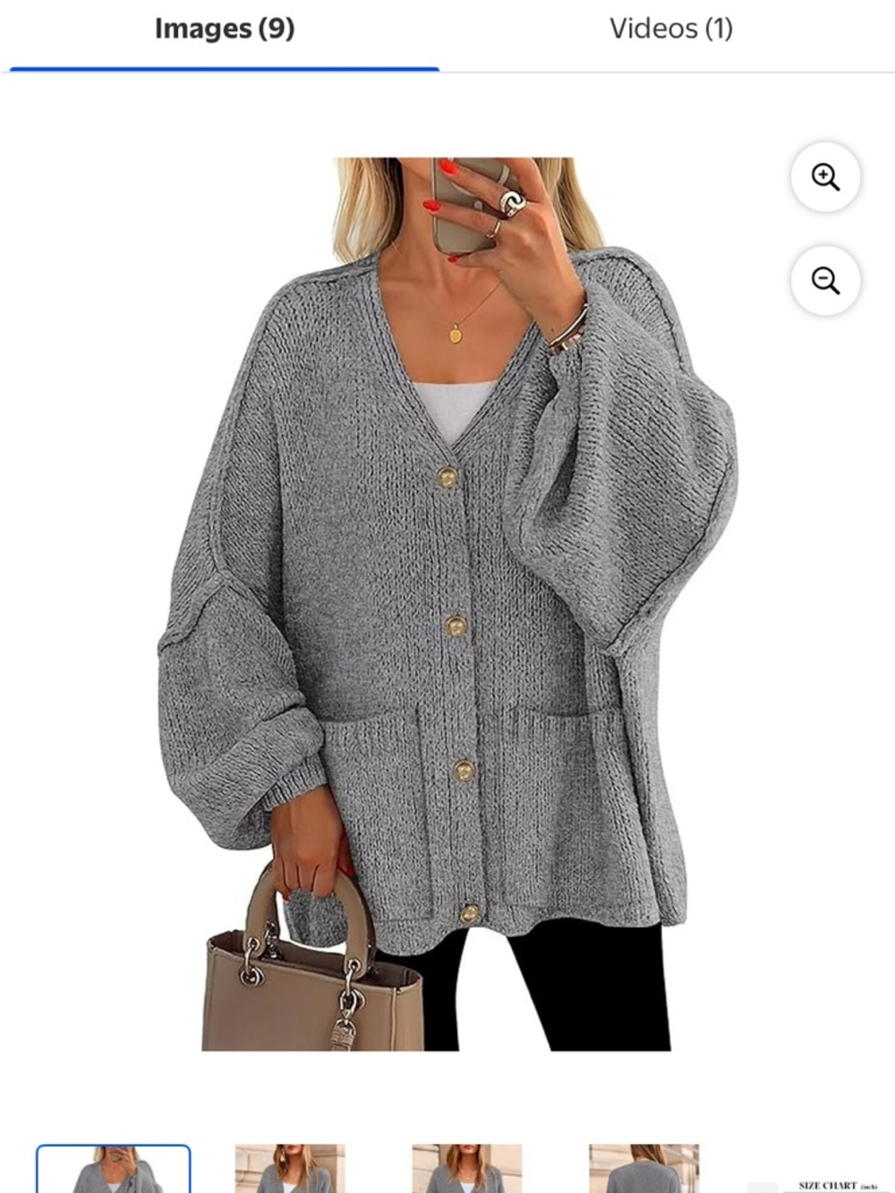 Oversized Gray V‑Neck Button Cardigan with Balloon Sleeves
